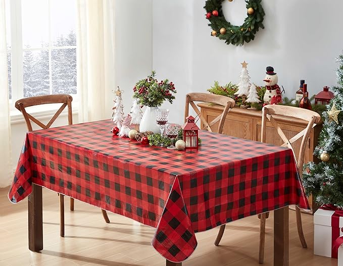 Newbridge Holiday Buffalo Plaid Vinyl Christmas Tablecloth with Flannel Backing, Red & Black Rustic Cottage Check, Wipe Clean, 60 x 84 Inch Rectangle