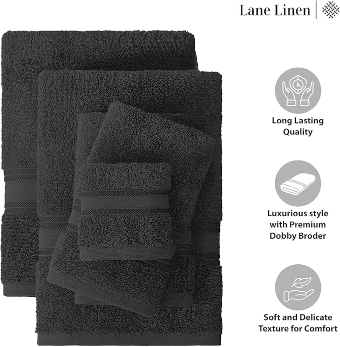 LANE LINEN 12 Pack Premium Towels for Bathroom – 100% Cotton, Zero Twist, 4 Bath, 4 Hand Towel & 4 Wash Cloths, Highly Absorbent, Remains Soft After Wash, Hotel & Spa Quality – Black