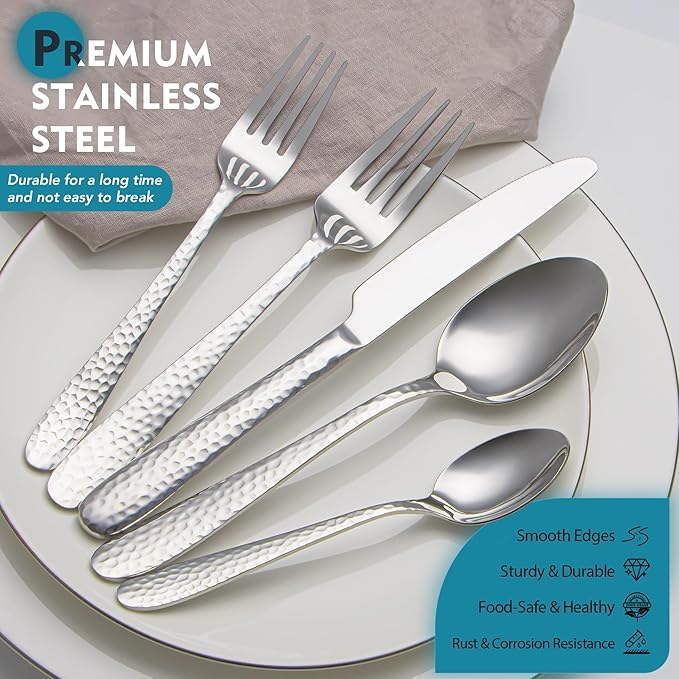 Hammered Silverware Set, EIUBUIE 40-Piece Stainless Steel Flatware Set for 8, Mirror Finish Tableware Kitchen Cutlery Sets, Durable Home Eating Utensils Sets Includes Fork Spoon Knife, Dishwasher Safe