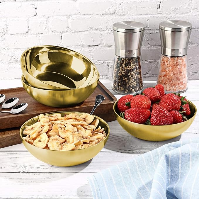 Miusco Stainless Steel Bowls for Kids, 18/8 Stainless Steel Toddler Bowl, BPA-Free, Durable & Easy Clean, 4 Pack - 14.5 oz Perfect for Baby Meals, Snacks, Serving and Travel & Home Use, Gold