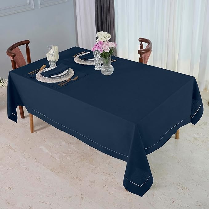 D'Moksha Homes Navy Blue Linen Tablecloth for Rectangle Tables 60 x 90 Inch - 100% Pure Linen Navy Table Cloth - Classic Hemstitch, Machine Washable Tablecloth for Winter, Christmas, Holiday, New Year