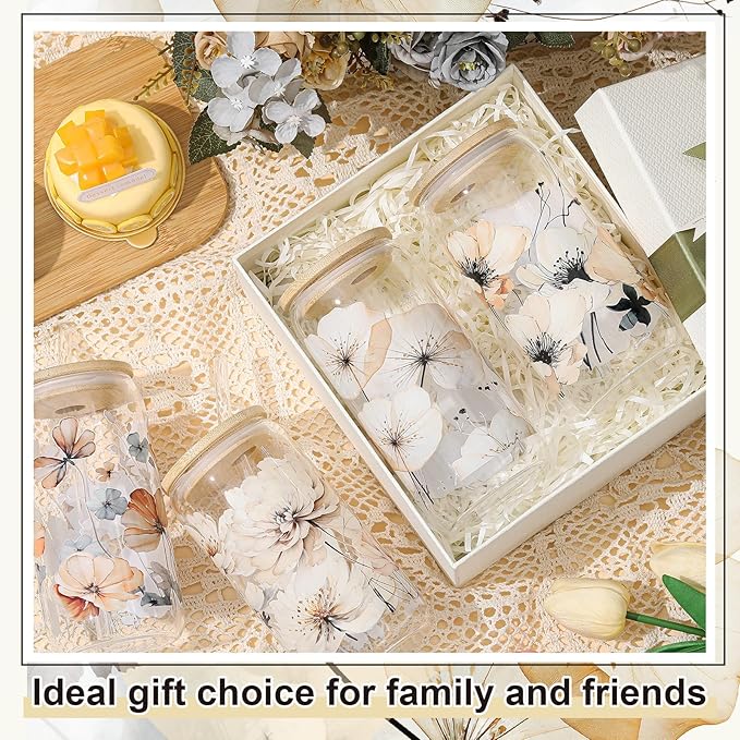 Mumufy 4 Pcs Gift for Women Chinoiserie Flower Glass Cup Tumbler Flower Iced Coffee Mugs 16 oz Glass with Bamboo Lid & Straw, Mothers Day Birthday Gift for Mom Sister Bridesmaid Baby Shower