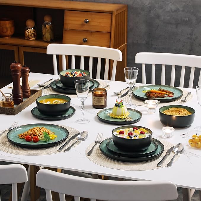 vancasso Plates and Bowls Sets, 18 Pieces Stoneware Dinnerware Sets for 6, Kitchen Dish Set Mircowave and Dishwasher Safe Ceramic Dishware, Turf Green, Series AMBER