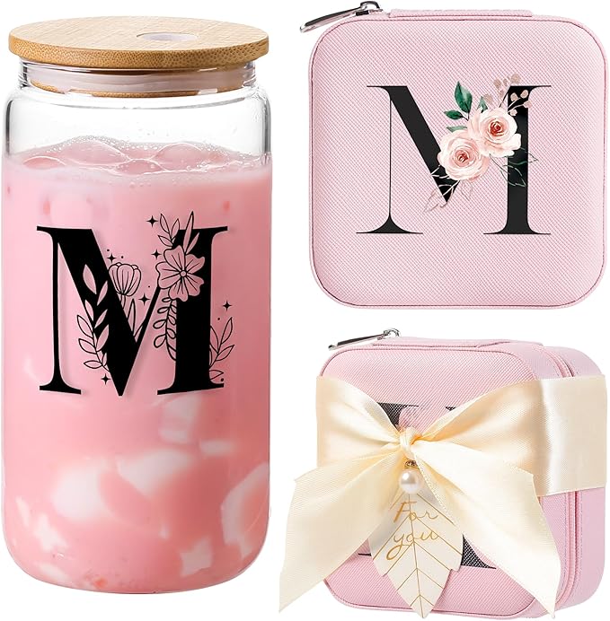 AYGXU Initial Glass Cups with Lids and Straws, Jewelry Case for Women, Jewelry Box Organizer, Coffee Cups, Travel Gifts for Women Essentials, Initial M Pink