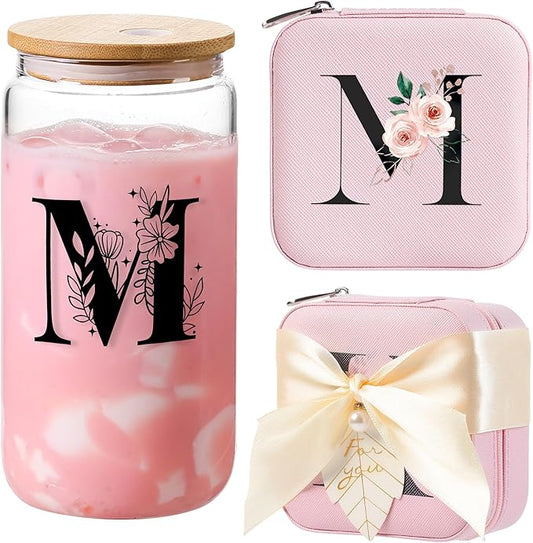 AYGXU Initial Glass Cups with Lids and Straws, Jewelry Case for Women, Jewelry Box Organizer, Coffee Cups, Travel Gifts for Women Essentials, Initial M Pink
