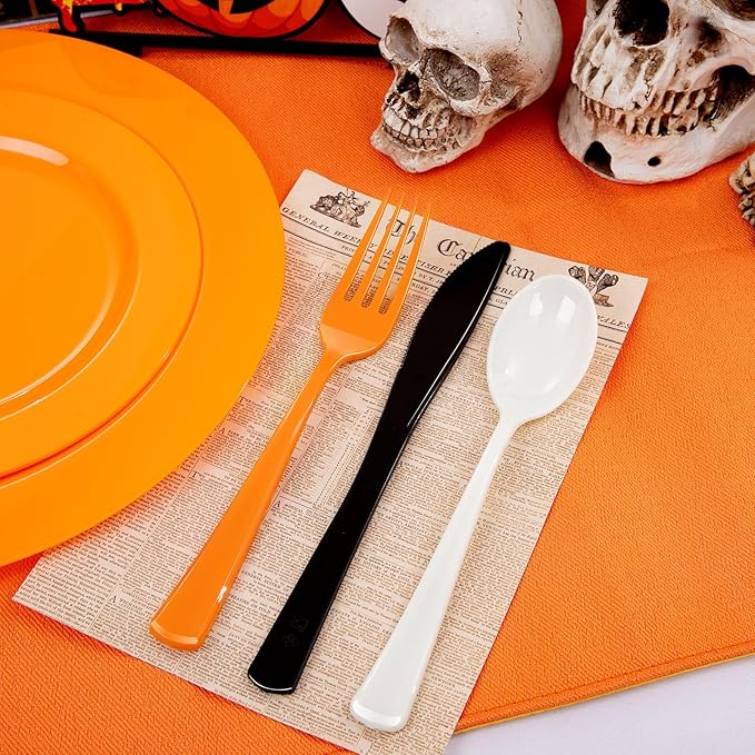 NOCCUR 180PCS Christmas Plastic Silverware Set - Tricolor Flatware Disposable Supplies Include 60 Black Knives, 60 Orange Forks, 60 White Spoons - Ideal for Thanksgiving Party
