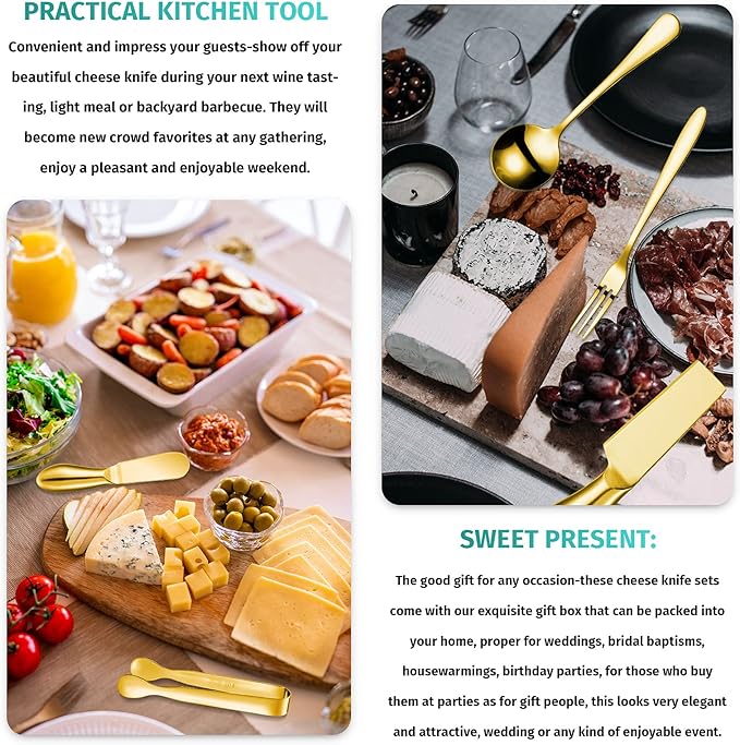 Patelai Charcuterie Board Accessories Cheese Spreader Knife Set Charcuterie Utensils Butter Knife Stainless Steel Mini Serving Tongs Spoons Appetizer Forks for Pastry Christmas(Golden,20 Pieces)