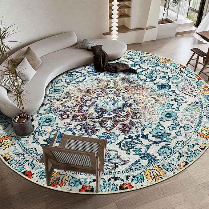 Easy-Going Round Rug 5ft Area Rug Washable Boho Circle Rugs for Living Room Non-Slip Bedroom Rug Low Pile Lightweight Medallion Distressed Throw Rug for Dining Room Kitchen Office, Vintage Multi