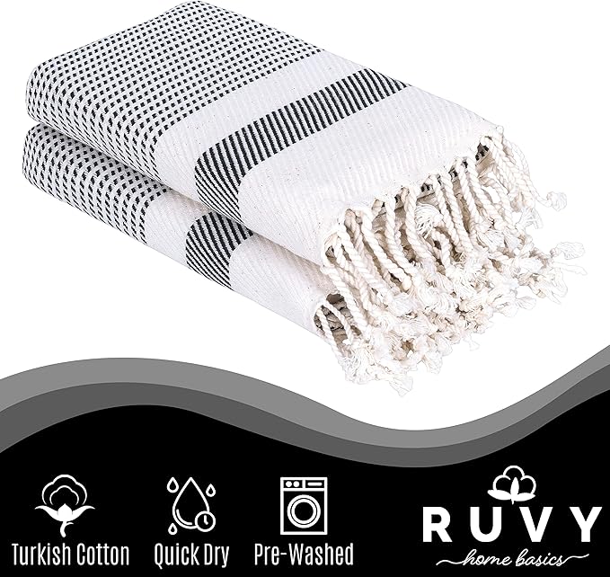 Ruvy Home Basics Turkish Hand Towels for Bathroom Set of 2 | 18"x40", Cotton | Decorative Towel for Bathroom, Kitchen, Dishcloth, Tea, Yoga, Face, Gym - Black