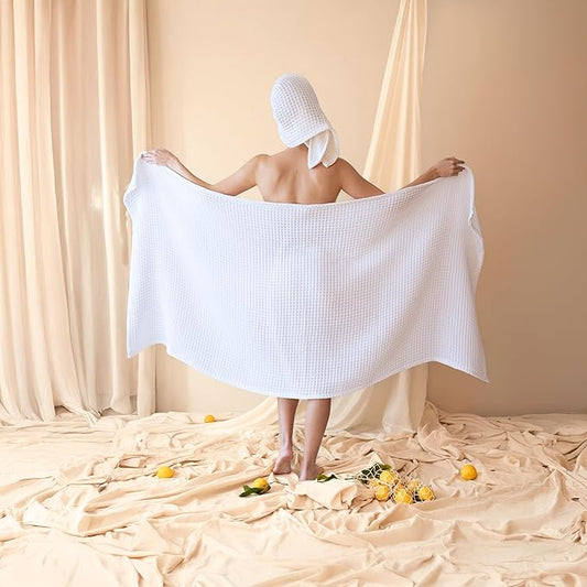 2-Piece Waffle Towels Set for Bathroom White - Soft 100% Turkish Cotton Quick-Dry Lint-Free Waffle Weave Thin Bath and Hand Towels (White, Set of 2 Mix Towels)