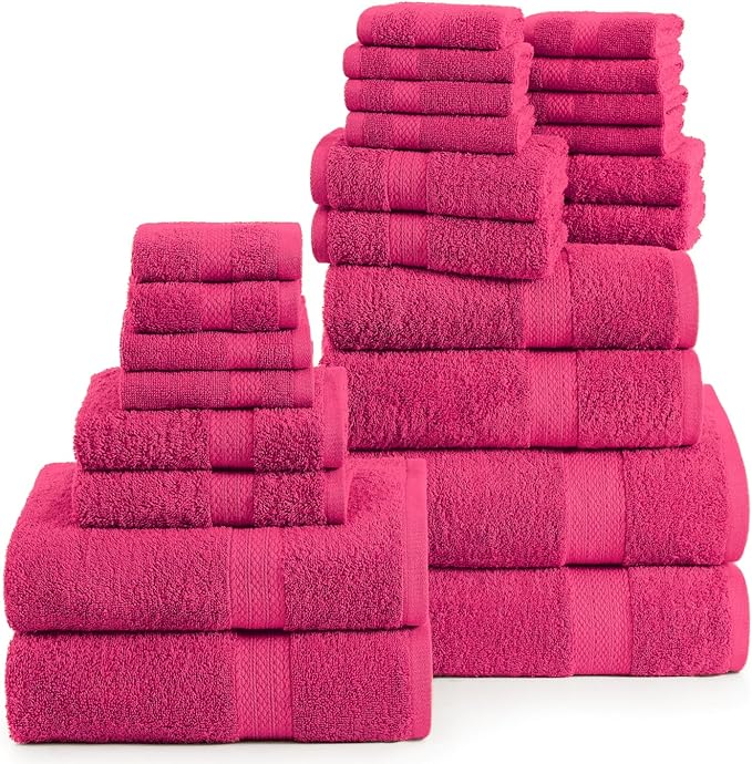 LANE LINEN 100% Cotton Bathroom Towels Set - 24 PCs - Quick Dry, Soft & Absorbent - Genlte On Skin - 4 Bath, 4 Fingertip, 6 Hand Towel, 8 Washcloths, 2 Bath Sheets for Her - Fuchsia