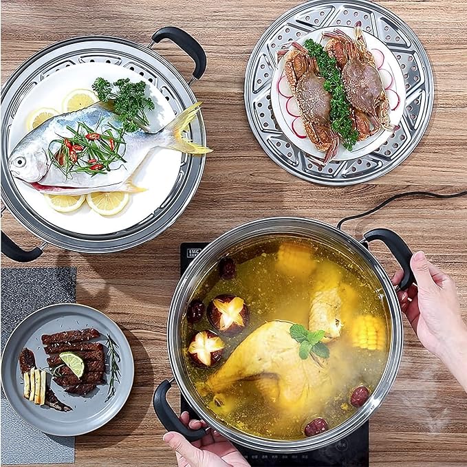 MANO Steamer Pot for Cooking 11 inch Steam Pots with Lid 2-tier Multipurpose Stainless Steel Steaming Pot Cookware with Handle for Vegetable, Dumpling, Stock, Sauce, Food