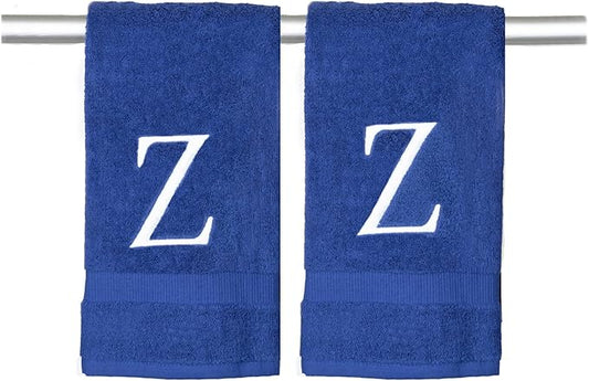 Navy Monogram Hand Towel for Bathroom - Monogrammed Initial Hotel Quality Decorative Embroidered Luxury Towel for Powder Room, Spa - GOTS Organic Certified - Pack of 2, Letter Z