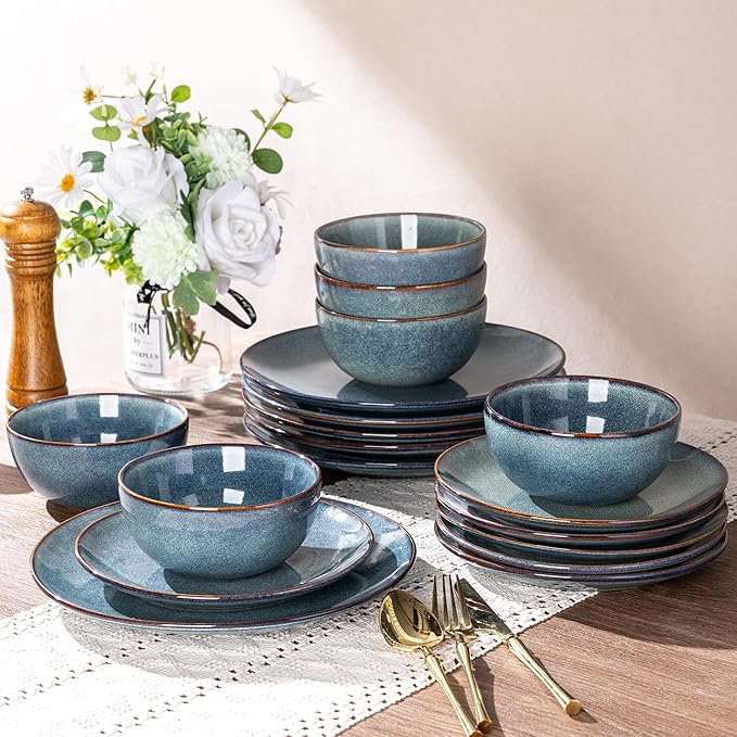 AmorArc Ceramic Dinnerware Sets for 8, 24 Pieces Handpainted Plates and Bowls Set, Scratch Resistant Stoneware Dishes Set, Dishwasher & Microwave Safe, Ceylon Blue