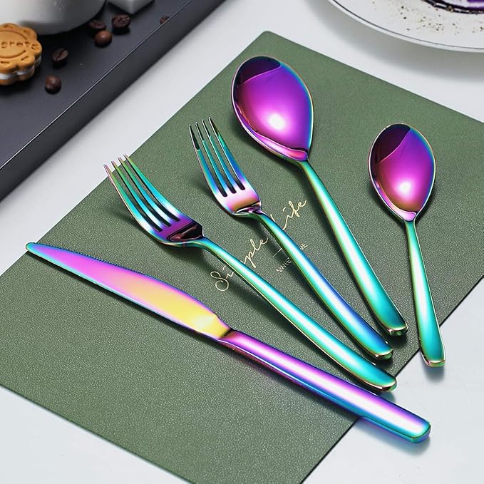 Rainbow Silverware Set 46 Piece, Stainless Steel Flatware Set, Cutlery With Cake Server, Serving Spoon, Slotted Serving Fork, Sugar Spoon, Butter Knife (Shiny Rainbow)