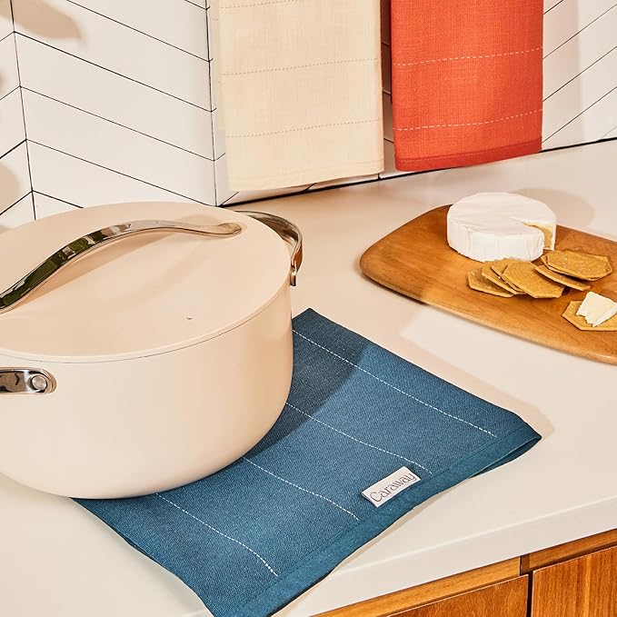 Caraway Tea Towels - Reusable Dish Towels - Made from 100% Organic Cotton - Highly Absorbent & Lint-Free - Perfect for Kitchen Cleanup or Table Setting - Extra Large Size - Navy