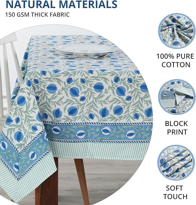 Ridhi Queen Blue Hand Block Print Cotton Rectangle Tablecloth 140" x 72" inches Reusable Table Cover Decorative Everyday Use for Dining, Farmhouse, Home, Party, Festive, Wedding, Fall