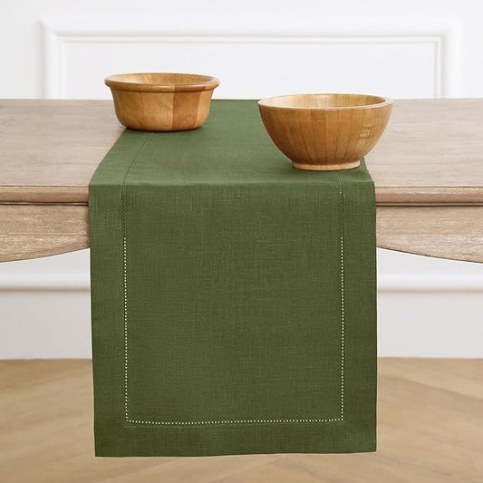 Solino Home Linen Table Runner 36 Inches - 100% Pure Linen Olive Hemstitch Table Runner 14 x 36 Inch Ideal for Dresser and Coffee Tables - Classic Hemstitch - New Year