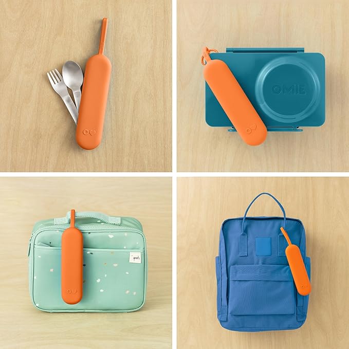 Omie OmieBox Travel Utensil Set | Fork and Spoon with Case for Easy Travel | Stainless Steel Fork and Spoon (Orange)