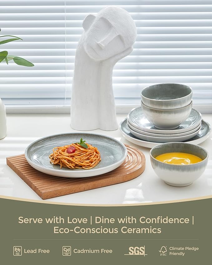 24 Piece Dinnerware Sets for 8, Modern Stoneware Plates and Bowls Sets, Perfect for Family Gatherings & Holiday Celebrations, Easy Cleaning Dishes, Stack Compactly Plate Set, Gradient Green