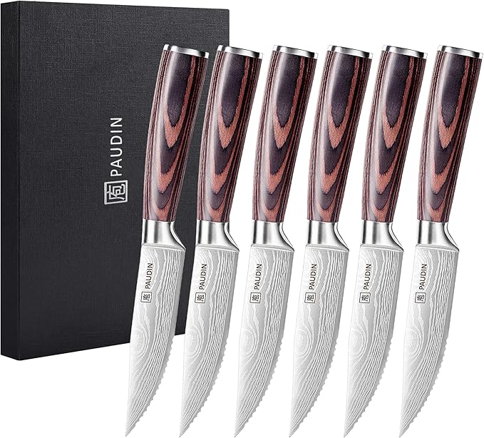 PAUDIN Steak Knives Set of 6, Ultra Sharp Steak Knives 5.25 inch, High Carbon Stainless Steel Steak Knife Set, Serrated Steak Knife with Pakkawood Handle for Steak House Restaurant