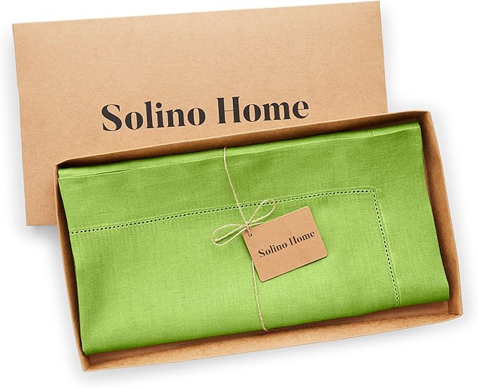 Solino Home Linen Square Tablecloth 52 x 52 Inch - 100% Pure Linen Lime Green Table Throw - Classic Hemstitch, Machine Washable Table Cloth