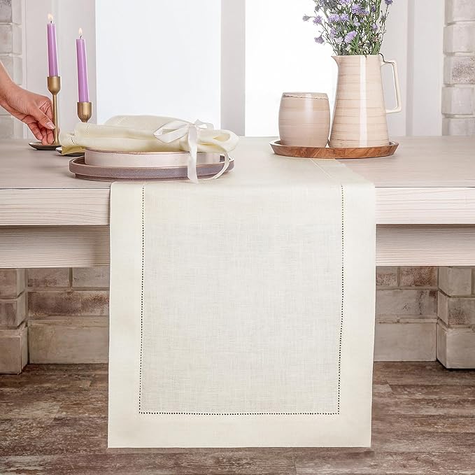D'Moksha Homes Linen Ivory Table Runner 120 Inches Long - 100% Pure Linen Hemstitch 14 x 120 Inch Table Runner for Dining, Winter, Holiday, New Year - Classic Hemstitch