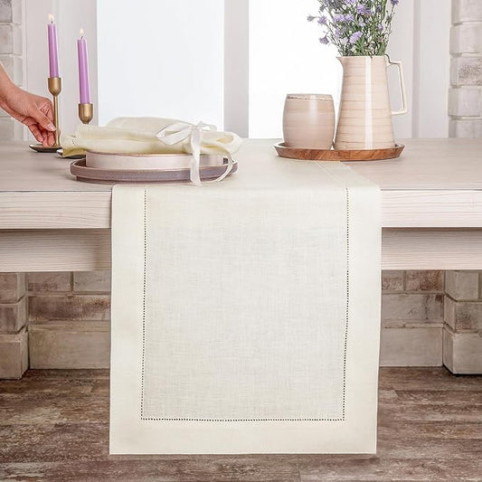 D'Moksha Homes Linen Ivory Table Runner 48 Inches - Classic Hemstitch, 100% Pure Linen Coffee Table Runner 14 x 48 Inch Ideal for Dresser Tables - Winter, Holiday, New Year
