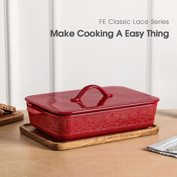 Casserole Dish with Lid, Ceramic 9x13 Casserole Dish for Oven, Rectangular Bakeware, Large Baking Dish with Handles for Holiday Cooking, Roasting, Baking, Oven & Microwave Safe (Red)