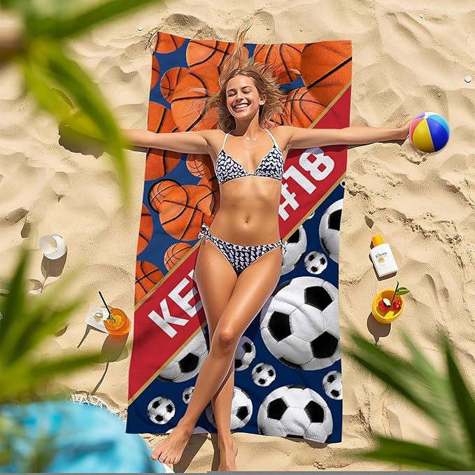 Personalized Beach Towel With Name, Custom Beach Towel with Text, Customized Basketball Football Microfiber Pool Towel, Quick Dry & Absorbent Swim Towel for Adult,Anniversary, Birthday, Summer Holiday