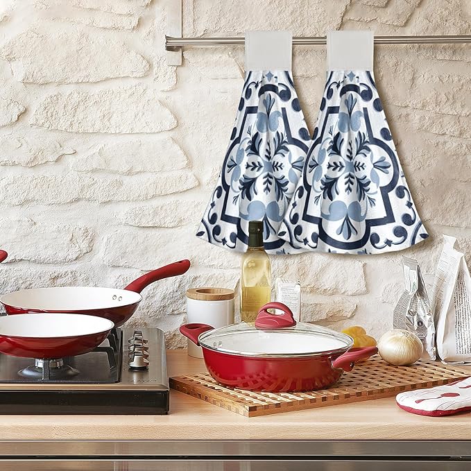 Giwawa Navy Flower Kitchen Hand Towels Modern Boho Hanging Tie Towels Fast Drying Dish Cloth with Loop 2 PCS for Bathroom Restroom Home Decor