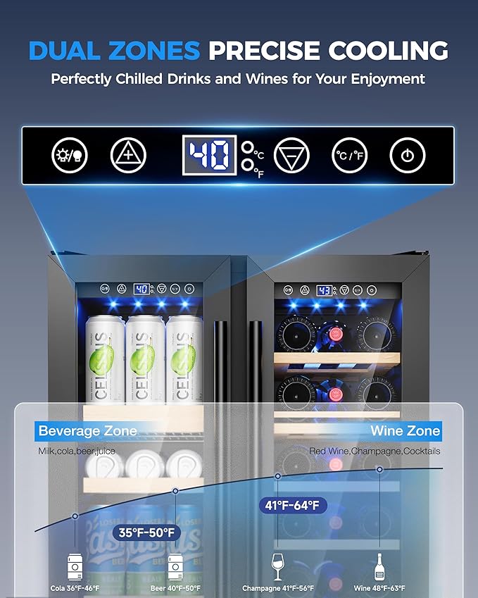 Wine and Beverage Refrigerator, 24 Inch Built-In Wine Fridge with Glass Door, Holds 20 Wine Bottles & 60 Cans, Under Counter Refrigerator with Quiet Cooling System & Blue LED Light(Black)