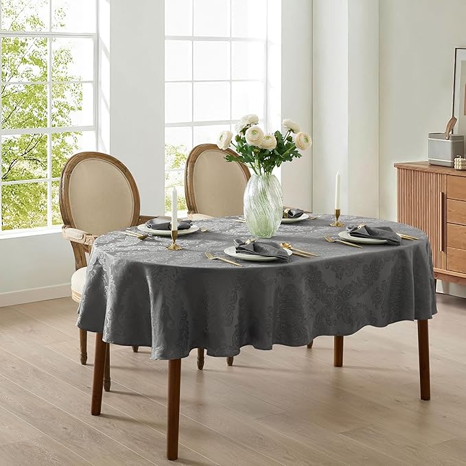 Newbridge Christmas Barcelona Damask Fabric Tablecloth, 60 x 84 Inch Oval, Grey – No Iron, Soil Resistant Table Cover for Dining, Parties and Holidays