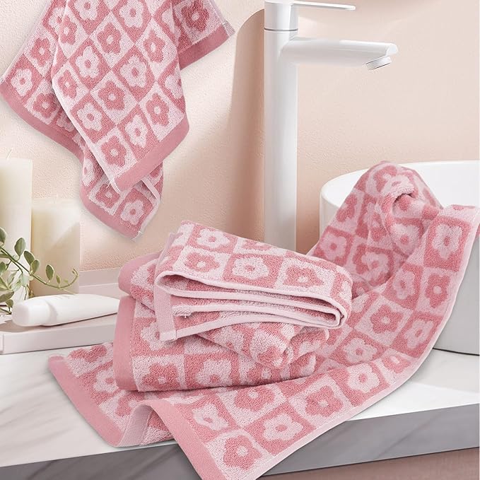 Jacquotha Cotton Hand Towels Pink Checkered Floral - Quick Drying Hand Towel Set of 4, for Women Girls Bathroom Decor, 29” x 13”