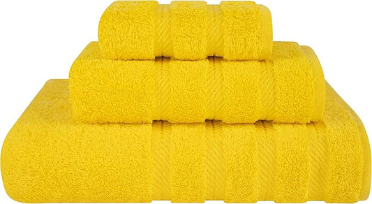 American Soft Linen Premium 3 Piece Towel Set, 1 Bath Towel 1 Hand Towel 1 Washcloth, 600 GSM 100% Cotton Turkish Towels for Bathroom, Yellow Towel Set