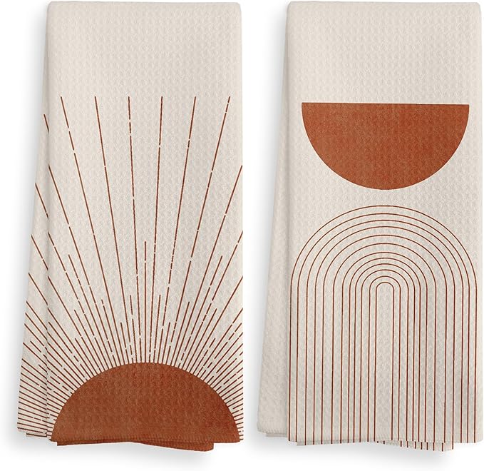 Bohemian Orange Fall Abstract Sunrise Kitchen Towels and Dishcloths Set of 2, Bohemian Sun Decorative Towels, Fall Moon Line Drying Cloth Hand Towels for Bathroom Kitchen Decor, 16×24 Inches
