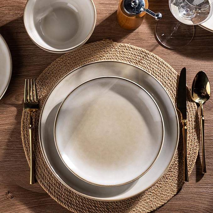 AmorArc Stoneware Dinnerware Sets for 8, 24 Pieces Handpainted Ceramic Plates and Bowls Set, Scratch Resistant Dishes Set, Dishwasher & Microwave Safe, Cappuccino