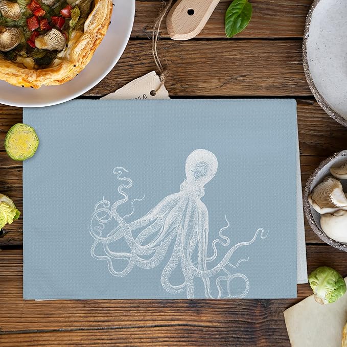 Coastal Light Blue Octopus Beach Decor Dish Hand Tea Towels for Bathroom Kitchen, Girly Octopus Ocean Nautical Beachy Bathroom Decor, Coastal Kitchen Towels and Dishcloths Sets of 2, 16x24 In