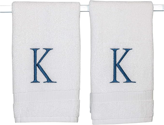 Monogrammed Hand Towels for Bathroom - Luxury Hotel Quality Personalized Initial Decorative Embroidered Bath Towel for Powder Room, Spa - GOTS Organic Certified - Set of 2 Navy Letter K