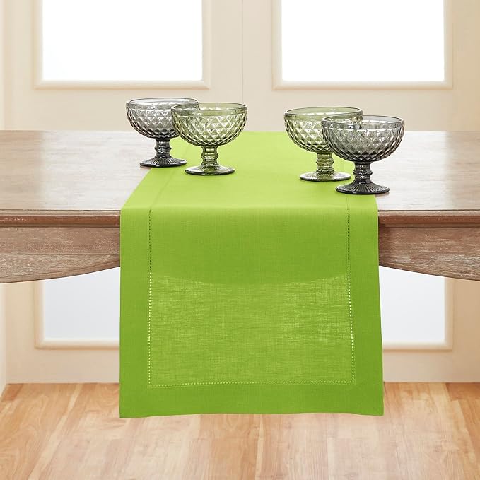 Solino Home Linen Table Runner 120 Inches Long - 100% Pure Linen Lime Green Table Runner 14 x 120 Inch - Classic Hemstitch