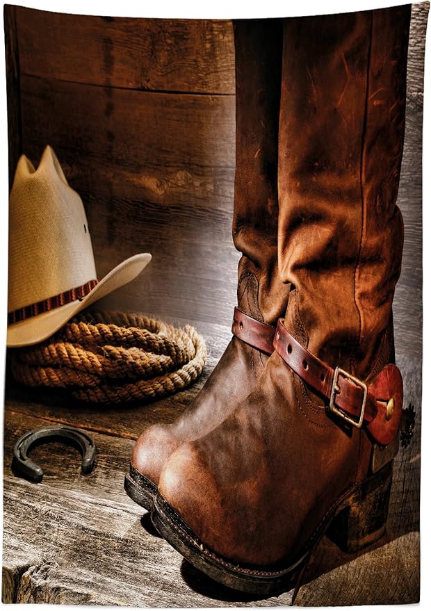 Ambesonne Western Tablecloth, Classical Cowboy Boots Traditional Ranching Spurs Hat and on Antique Floor Print, Rectangular Table Cover for Dining Room Kitchen Decor, 60" X 90", Dark Brown