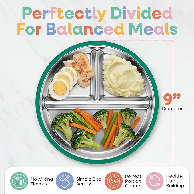 Stainless Steel Kids Plates with Suction - 9" Stainless Steel Toddler Plates with Dividers and Strong Hold Silicone Base - Feeding Dinnerware for Baby, Dishwasher Safe Suction Plate Non Toxic
