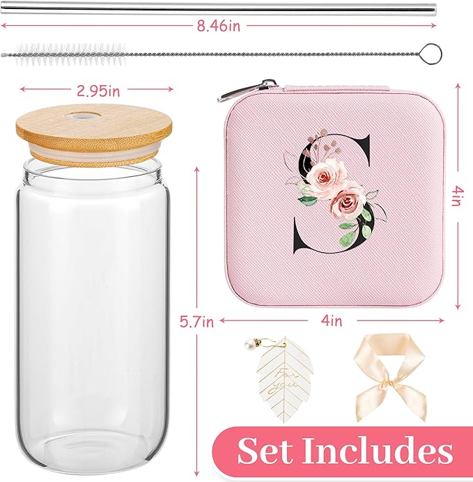 AYGXU Initial glass cups with lids and straws,personalized gifts for women,iced coffee cups,travel jewelry case organizer,small jewelry travel case,jewelry box for girls.Initial S pink