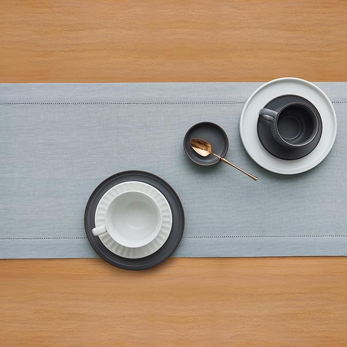 Solino Home Linen Dusty Blue Table Runner 36 Inches - Classic Hemstitch, 100% Pure Linen Coffee Table Runner 14 x 36 Inch Ideal for Dresser Tables - Winter