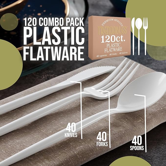 Trendables White Plastic Silverware Set White Silverware Disposable Forks and Spoons Disposable 120 Pack Plastic Utensils Set Includes 3 x 40 each Knives & Spoons & Forks For Parties and Events
