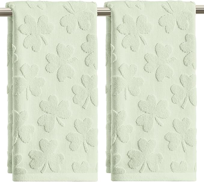 Artoid Mode 2 Pcs Light Green 3D Shamrock Jacquard Patrick Hand Towels for Bathroom, 100% Cotton Soft Absorbent Bathroom Decor Towels, 13.7 x 29.5 Inch