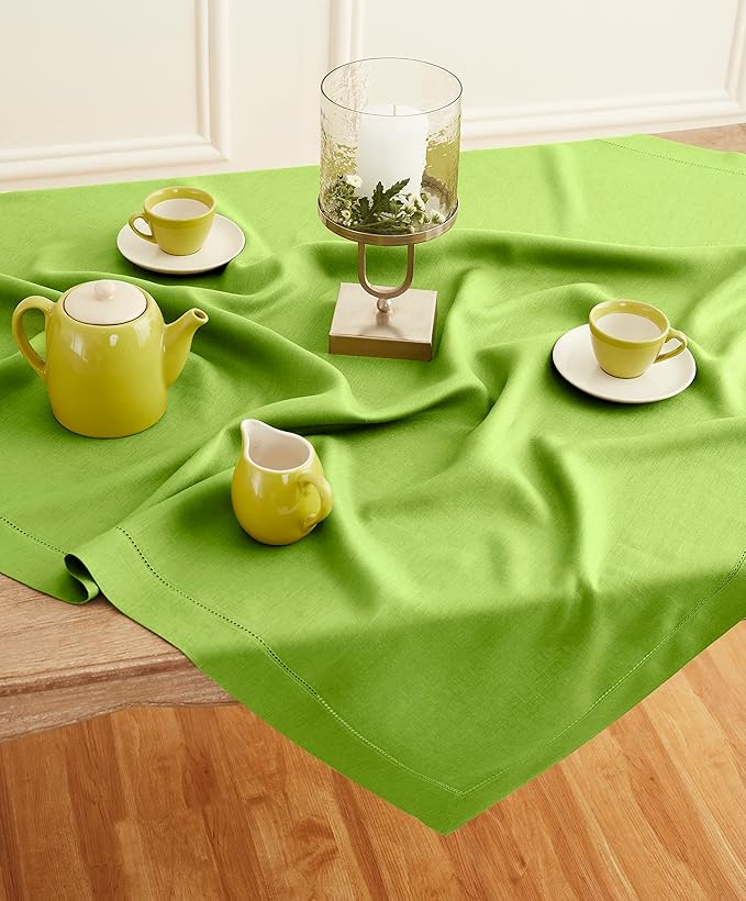 Solino Home Linen Square Tablecloth 52 x 52 Inch - 100% Pure Linen Lime Green Table Throw - Classic Hemstitch, Machine Washable Table Cloth
