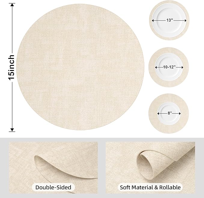 15 inch Faux Leather Round Placemats Set of 6 Non-Slip Washable Wipeable Table Mats, Heat Resistant Waterproof Oilproof Beige Place Mats for Kitchen, Dining, Party, Indoor, Outdoor