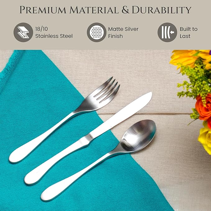 Knork Silverware Set - 20 Piece Matte Silver Cutlery - Ergonomic Design Utensil sets, 18/10 Stainless Steel Forks Spoons and Knives set (Pack of 3)