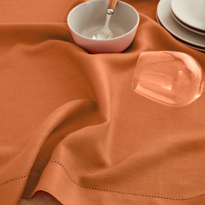 Solino Home Linen Napkins Set of 4 - Classic Hemstitch 100% Pure Linen Pumpkin Dinner Napkins Cloth 20 x 20 Inch for Holiday - Handcrafted and Machine Washable